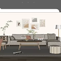 Modern Living Room Interior With Beige Sofa Decorative Artworks Green Plant And Wooden Coffee Table
