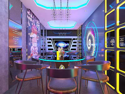 Modern Internet Cafe Interior With Open Layout Neon Lights Round Bar Counter And Metal Seats 3d model