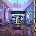 Modern Internet Cafe Interior With Open Layout Neon Lights Round Bar Counter And Metal Seats