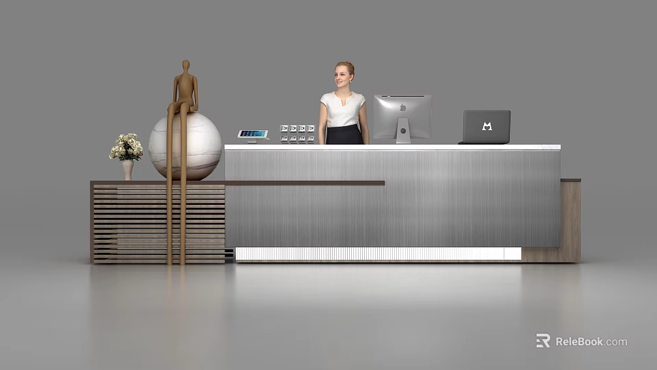 Modern Reception Desk With Receptionist HP Laptop Monitor Mannequin Exercise Ball And Flower Vase 3d model 
