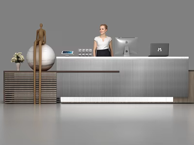 Modern Reception Desk With Receptionist HP Laptop Monitor Mannequin Exercise Ball And Flower Vase 3d model
