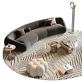 Modern Gray Curved Sofa Coffee Table Set With Metal Floor Lamp Brown Armchair Striped Rug