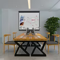 Public Office Space Interior Design with Long Wooden Table Yellow Chairs Bookshelves and Green Plants