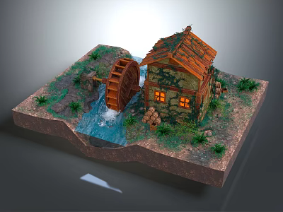 Detailed Miniature Watermill House Model With Flowing Water And Green Grass 3d model