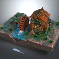 Detailed Miniature Watermill House Model With Flowing Water And Green Grass