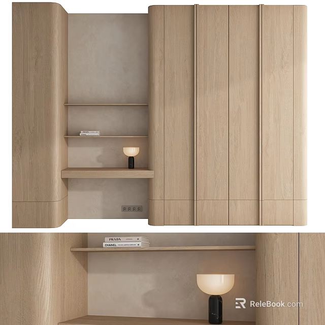 Modern Minimalist Light Wood Bookcase With Open Shelves Closed Cabinets And Table Lamp 3d model 