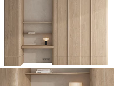 Modern Minimalist Light Wood Bookcase With Open Shelves Closed Cabinets And Table Lamp 3d model