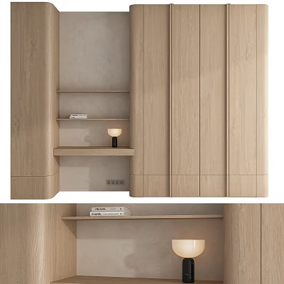 Modern Minimalist Light Wood Bookcase With Open Shelves Closed Cabinets And Table Lamp 3d model