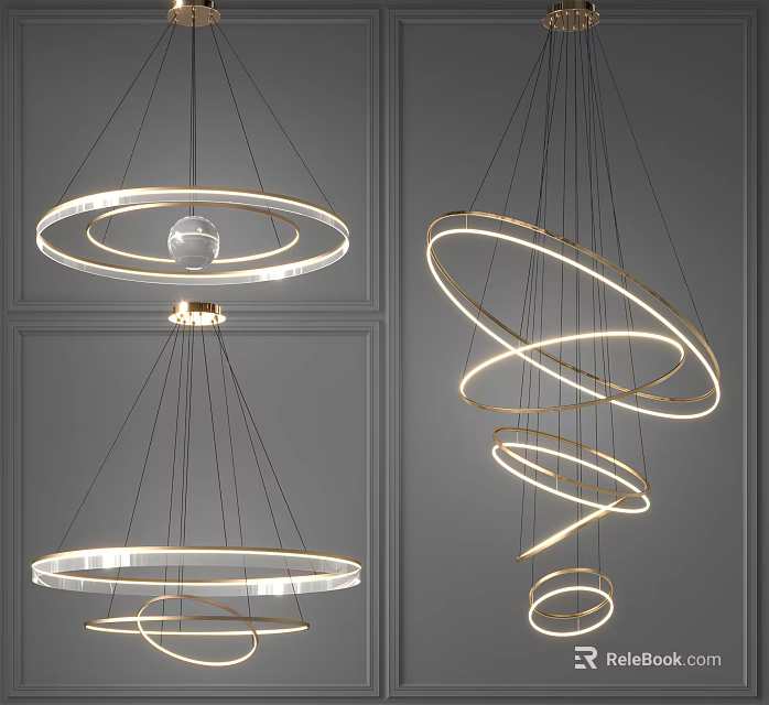 Sleek Modern Illuminated Chandeliers Featuring Circular Rings And Spiral Design Details 3d model 