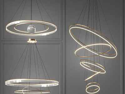 Sleek Modern Illuminated Chandeliers Featuring Circular Rings And Spiral Design Details 3d model