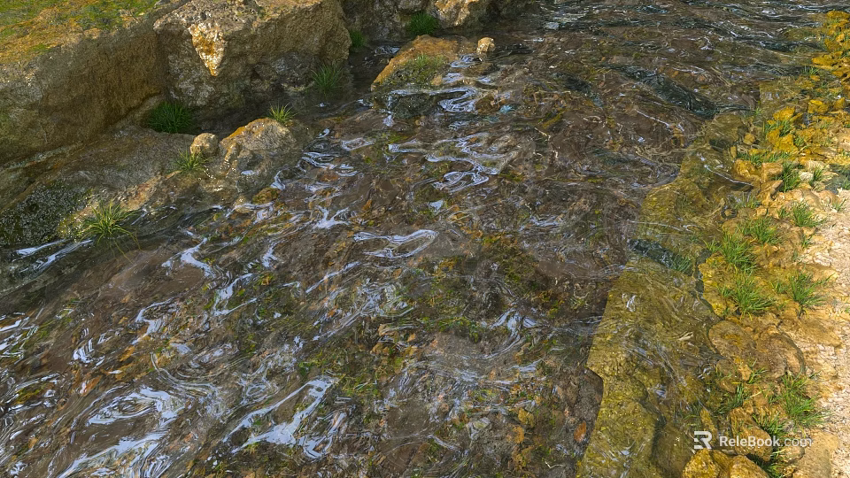 Natural Garden Landscape With Gentle Clear Stream Flowing Over Mossy Rocks 3d model 