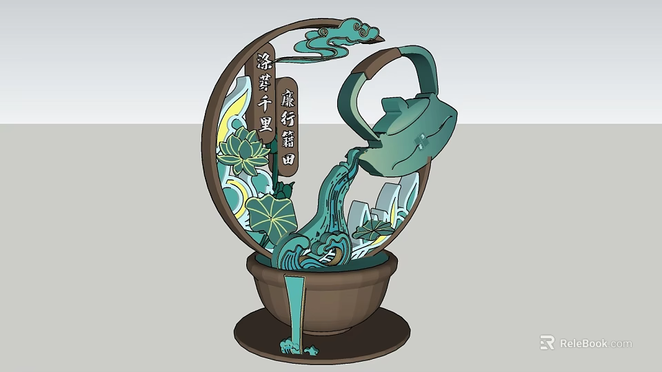 Garden Ornament Featuring Circular Design With Frog Teapot Flowing Water And Lotus 3d model 