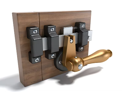 Wooden Base Mechanical Lock With Metal Components And Golden Handle 3d model