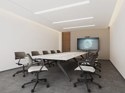 Modern Conference Room With Long Table Ergonomic Chairs Large Screen White Walls And Gray Carpet 3d model