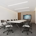 Modern Conference Room With Long Table Ergonomic Chairs Large Screen White Walls And Gray Carpet