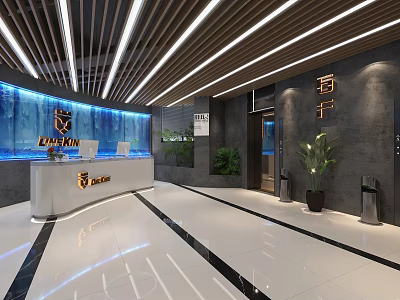 Modern Luxury Fitness Gym Reception Area With Marble Counter And Green Plants 3d model