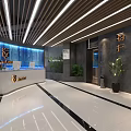 Modern Luxury Fitness Gym Reception Area With Marble Counter And Green Plants