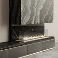 Modern Black Marble Fireplace Design With Burning Flames And Lower Cabinets 3d model