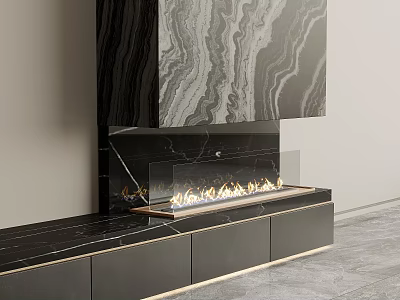 Modern Black Marble Fireplace Design With Burning Flames And Lower Cabinets 3d model