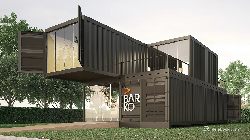 Modern Black Container Guesthouse Building With Glass Windows And Balcony Design 3d model 