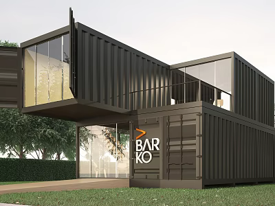 Modern Black Container Guesthouse Building With Glass Windows And Balcony Design 3d model
