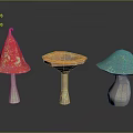 Colorful Glittery Mushroom Sculptures In Red Orange Blue On Black Background