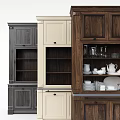 Wooden Sideboard with Open Shelves and Cabinet Doors Holding White Dinnerware and Glassware