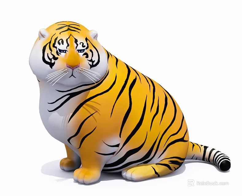 Cute Cartoon Style Tiger Plush Doll with Yellow Black Stripes and Sitting Posture 3d model 