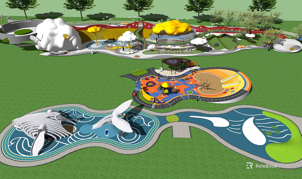 Vibrant Children's Playground With Cloud Shaped Decorations Wavy Patterns And Green Turf 3d model 