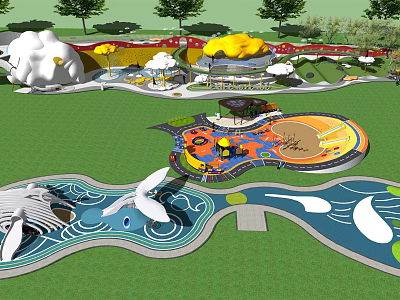 Vibrant Children's Playground With Cloud Shaped Decorations Wavy Patterns And Green Turf 3d model