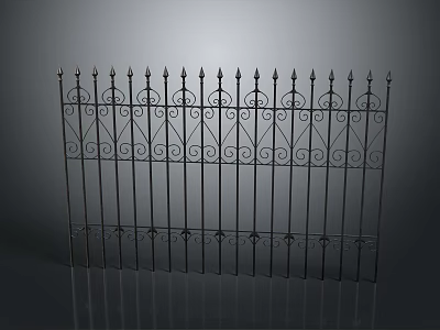 Black Iron Fence With Ornate Decorative Scrollwork And Spiked Top Design 3d model