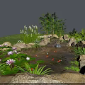 Water Fountain in Garden Pond with Water Lilies Fish Rocks and Green Plants
