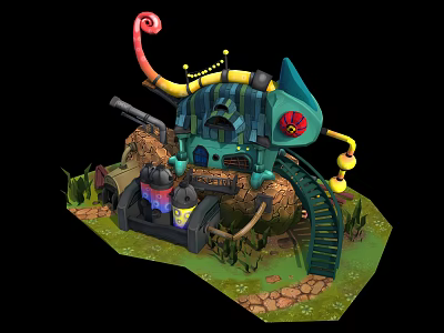 Cartoon Scene With Whimsical Green Blue Structure Spiral Ornament Colorful Pipes And Stone Stairs 3d model