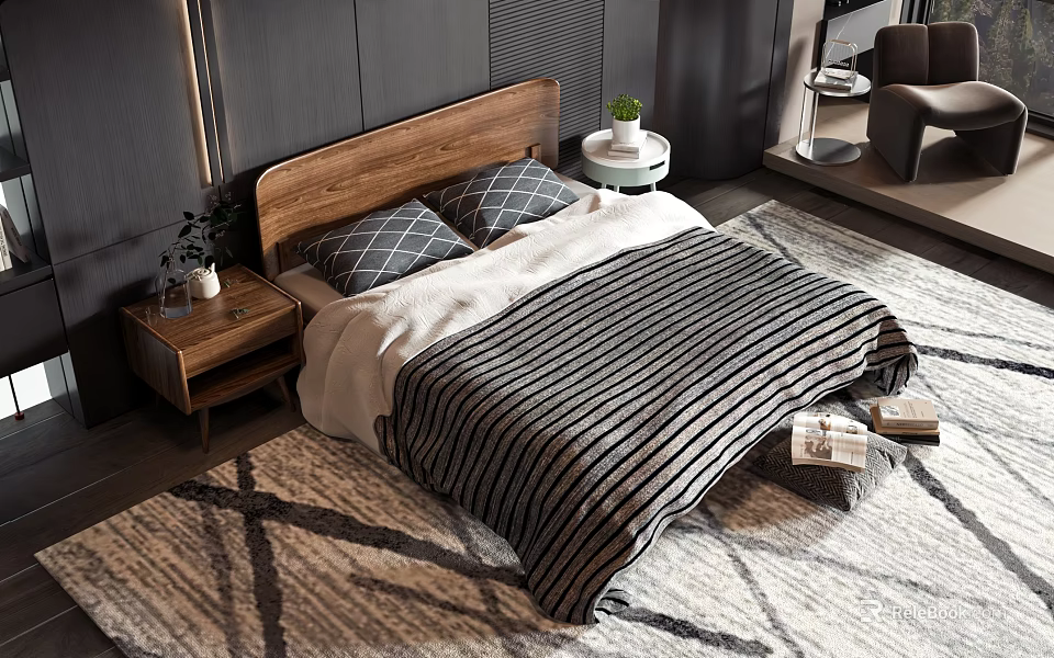 Double Bed with Wooden Headboard Gray Plaid Pillows Black White Striped Blanket and Geometric Pattern Rug 3d model 