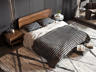 Double Bed with Wooden Headboard Gray Plaid Pillows Black White Striped Blanket and Geometric Pattern Rug 3d model