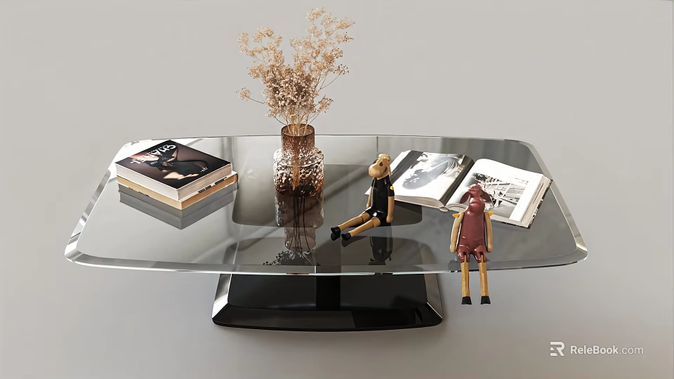 Modern Minimalist Glass Coffee Table With Decorative Books Dried Flower Vase And Cute Puppet Ornaments 3d model 