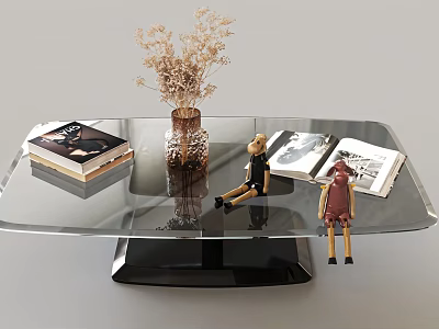Modern Minimalist Glass Coffee Table With Decorative Books Dried Flower Vase And Cute Puppet Ornaments 3d model