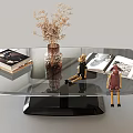 Modern Minimalist Glass Coffee Table With Decorative Books Dried Flower Vase And Cute Puppet Ornaments