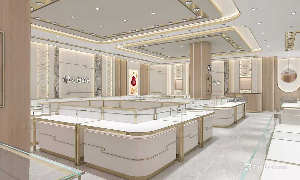 Elegant Modern Jewelry Store Interior Design With Glass Display Counters 3d model 