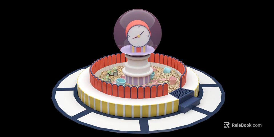 Playground Equipment With Transparent Globe Clock Red Fence Round Structure Yellow White Stripes Blue Steps 3d model 