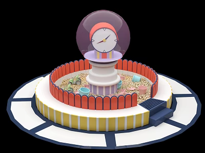 Playground Equipment With Transparent Globe Clock Red Fence Round Structure Yellow White Stripes Blue Steps 3d model