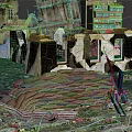 Cartoon Scene With Ruined Buildings Sandbags Toy Soldier And Colorful Candies