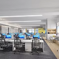 Modern Public Office Space Interior With Workstations Computers Large Windows Yellow Cabinets And Ergonomic Chairs 3d model