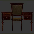 Vintage Wooden Desk With Storage Drawers And Matching Woven Seat Chair