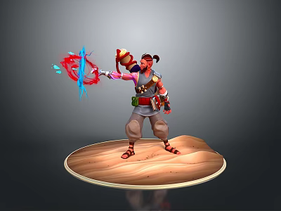 A Man Holding Red Container With Blue And Red Energy Effect Standing On Wooden Platform 3d model