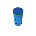 Blue Cylindrical Container With Green Top Edge And Black Rolling Wheels