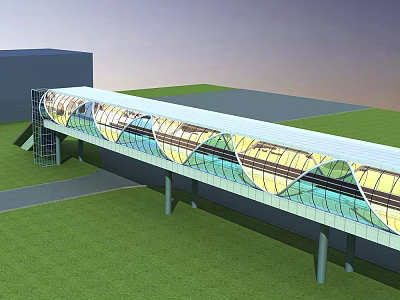 Modern Footbridge With Glass Roof And Transparent Panels Over Green Lawn 3d model