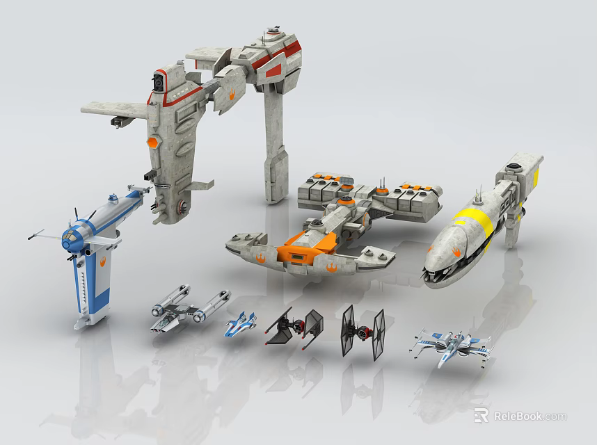 Sci Fi Building Block Models With Large Mechanical Structures And Small Spaceships 3d model