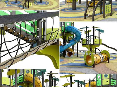 Colorful Playground With Slides Climbing Ropes Green Yellow Structures And Circular Flooring 3d model