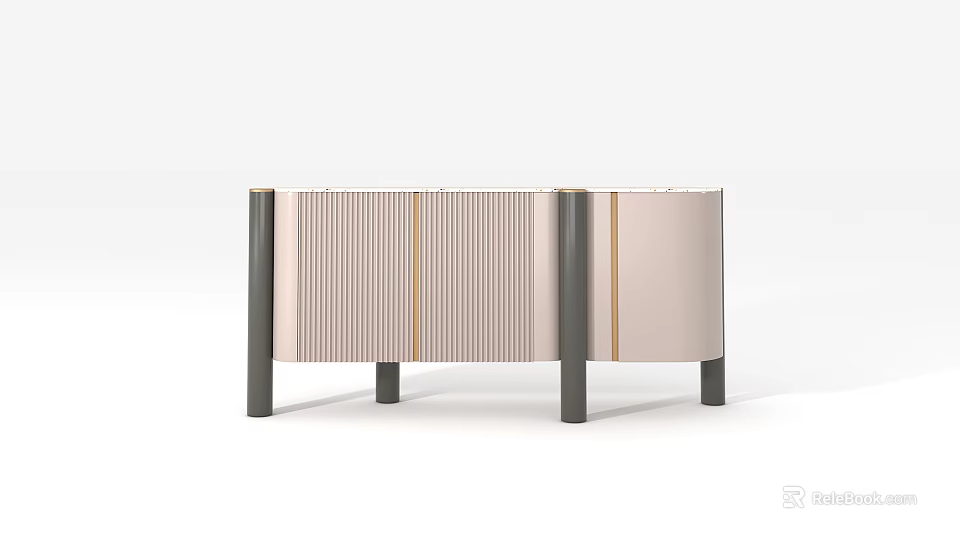 Contemporary Light Pink Sideboard With Striped Front Black Frame Black Legs And Golden Trim 3d model 